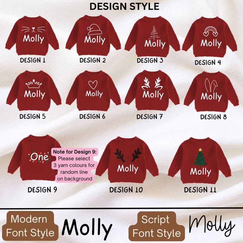 May include: A collection of eleven red sweaters for children, each with a unique white design and the name "Molly". Designs include a cat face, Santa hat, Christmas tree, and more. The text "DESIGN STYLE" is at the top.