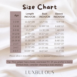 May include: Size chart for a jumper, showing age, length, bust, and sleeve measurements in inches and centimetres. The chart includes sizes for ages 1-3 months to 4-5T.
