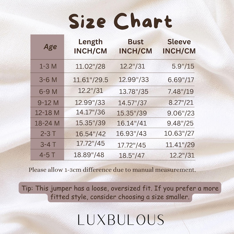 May include: Size chart for a jumper, showing age, length, bust, and sleeve measurements in inches and centimetres. The chart includes sizes for ages 1-3 months to 4-5T.