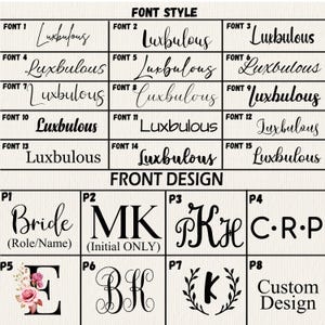 Op de afbeelding: Een overzicht met verschillende lettertypestijlen en ontwerpmogelijkheden voor de voorkant. Het bovenste gedeelte toont "FONT STYLE" met vijftien "Luxbulous" lettertypevoorbeelden. Het onderste gedeelte presenteert "FRONT DESIGN" opties, inclusief "Bride", initialen en aangepaste ontwerpen.