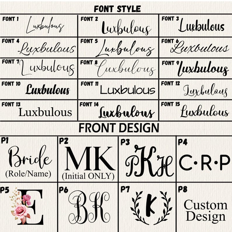 Op de afbeelding: Een overzicht met verschillende lettertypestijlen en ontwerpmogelijkheden voor de voorkant. Het bovenste gedeelte toont "FONT STYLE" met vijftien "Luxbulous" lettertypevoorbeelden. Het onderste gedeelte presenteert "FRONT DESIGN" opties, inclusief "Bride", initialen en aangepaste ontwerpen.