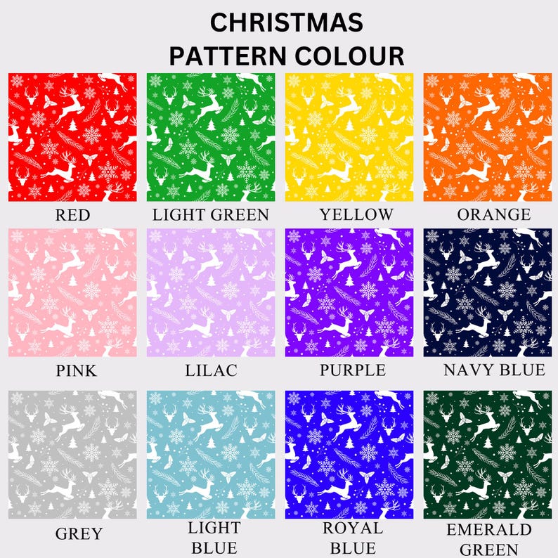 Pode incluir: Uma grade de designs de padr&otilde;es de Natal em v&aacute;rias cores, incluindo vermelho, verde claro, amarelo, laranja, rosa, lil&aacute;s, roxo, azul marinho, cinza, azul claro, azul royal e verde esmeralda. Cada padr&atilde;o apresenta renas brancas, flocos de neve e galhos.