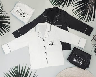 Personalisierte lange Pyjamas-Sets, Satin-PJs, personalisierte Brautparty-Pyjamas, Brautjungfer-Vorschlagsgeschenk, Pyjama-Set, Pyjamas für Brautjungfern