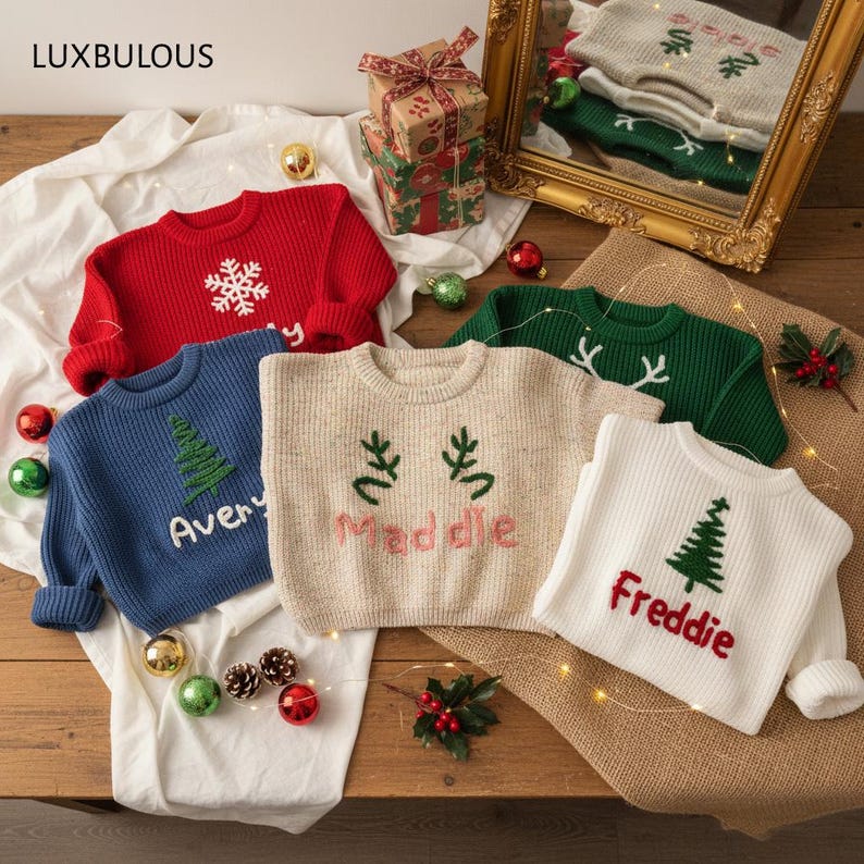 May include: A collection of children's Christmas sweaters in various colors, including red, blue, green, and white. Each sweater features festive embroidered designs such as snowflakes, Christmas trees, and reindeer antlers, with personalized names. The brand name "LUXBULOUS" is visible.