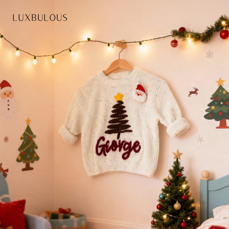 Hand-Embroidered Baby Christmas Sweater, Toddler Holiday Sweater, Reindeer Kids Name Jumper, Baby Knit Sweater, First Christmas Gifs image 3