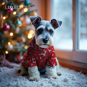 Pode incluir: Um c&atilde;o pequeno vestindo um su&eacute;ter de Natal vermelho com um padr&atilde;o de renas e flocos de neve brancos. O c&atilde;o est&aacute; sentado em um tapete branco em frente a uma &aacute;rvore de Natal decorada. A palavra "LUXBULOUS" est&aacute; no canto superior esquerdo.