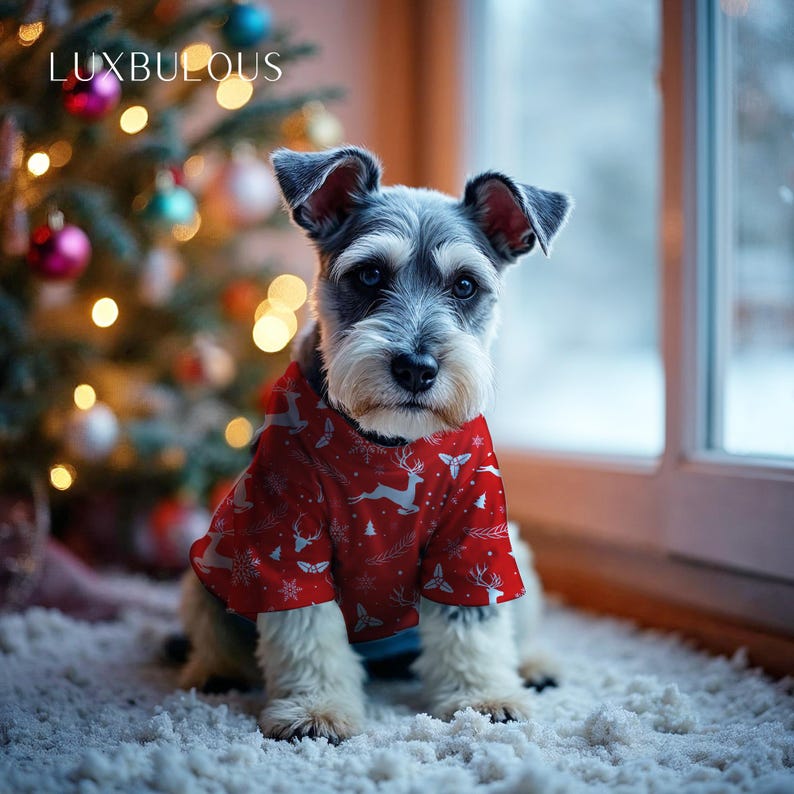 Pode incluir: Um c&atilde;o pequeno vestindo um su&eacute;ter de Natal vermelho com um padr&atilde;o de renas e flocos de neve brancos. O c&atilde;o est&aacute; sentado em um tapete branco em frente a uma &aacute;rvore de Natal decorada. A palavra "LUXBULOUS" est&aacute; no canto superior esquerdo.