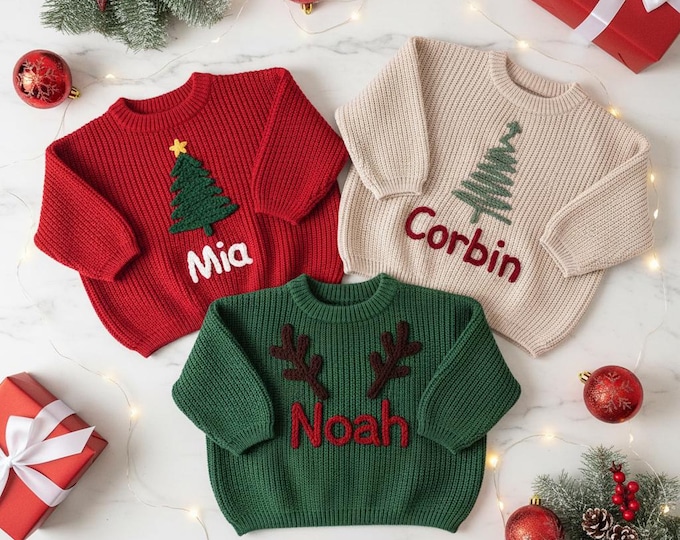 Hand-Embroidered Baby Christmas Sweater, Toddler Holiday Sweater, Reindeer Kids Name Jumper, Baby Knit Sweater, First Christmas Gifs