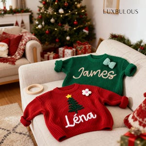 Hand-Embroidered Baby Christmas Sweater, Toddler Holiday Sweater, Reindeer Kids Name Jumper, Baby Knit Sweater, First Christmas Gifs image 2