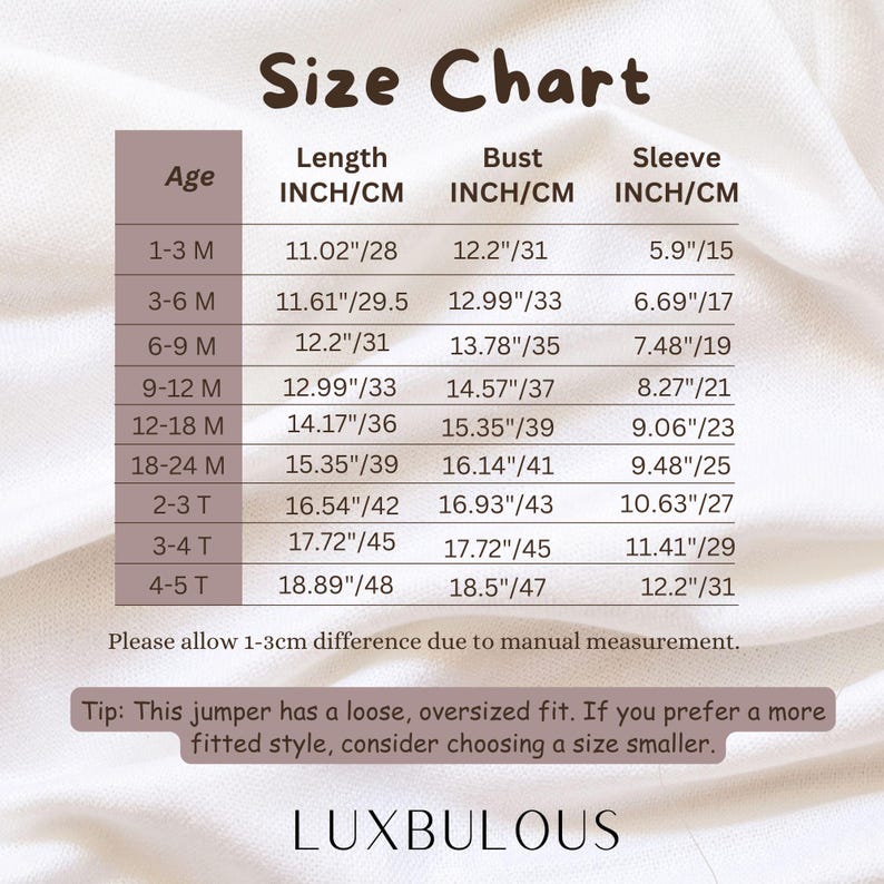 May include: Size chart for a jumper, showing age, length, bust, and sleeve measurements in inches and centimeters. The chart includes sizes for ages 1-3 months to 4-5T.