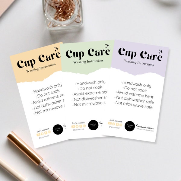 Cup Care Card, Editable Canva Template, Washing Instructions, Tumbler Cup Instructions, Small Business Packaging, Care Card Insert