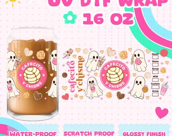 May include: A 16 ounce UV DTF wrap featuring a pink and white design with a ghost holding a coffee cup and a pastry. The text "Cafecito y Chisme" is repeated throughout the design. The wrap is water-proof, scratch-proof, and has a glossy finish.