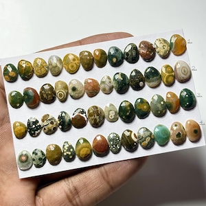 以下が含まれることがあります： 緑、茶色、黄色、白など、さまざまな色の研磨された楕円形の宝石のコレクション。 宝石は白いカードに配置され、独特の模様と質感が示されています。 宝石には1から4の番号が付けられています。