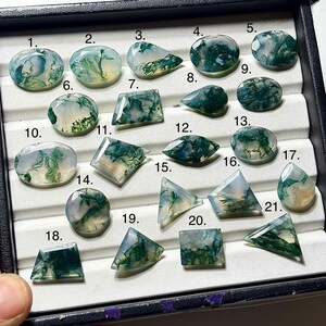 May include: A collection of twenty-one moss agate gemstones in various shapes, including oval, teardrop, and geometric cuts. The stones display a mix of translucent white, green, and blue hues, with intricate moss-like patterns. The gemstones are arranged in a black tray.