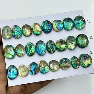 Könnte beinhalten: Eine Sammlung schillernder Abalone-Muschel-Cabochons in verschiedenen Formen und Größen. Die polierten Steine zeigen eine Reihe von Farben, darunter Blau, Grün und Gold, mit einzigartigen Mustern. Die Cabochons sind auf einer weißen Oberfläche angeordnet.