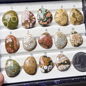 May include: A collection of fourteen faceted, polished, multi-colored orbicular jasper stones arranged in a display tray, numbered one through fourteen, with a United States quarter coin included for scale to show the size of the stones.