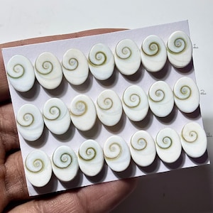 Puede incluir: Una colección de cabujones de gemas ovaladas blancas, cada uno con un diseño en espiral en tonos verdes y marrones. Las gemas están dispuestas en filas sobre una tarjeta blanca, mostrando sus patrones únicos y su belleza natural.