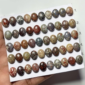 May include: A collection of thirty oval-shaped gemstones in various colors and patterns. The gemstones are arranged in five rows of six, showcasing a range of earthy tones including brown, red, green, and gray. Each stone has a unique, natural pattern.