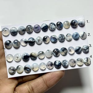 以下が含まれることがあります： 黒とグレーのインクルージョンがユニークな模様のデンドライトオパールカボションのコレクション。 オパールは丸く磨かれており、白いカードに表示されています。 オパールは色も様々で、乳白色のベースのものもあれば、半透明のものもあります。