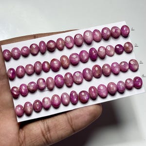 Könnte beinhalten: Reihen ovaler, rosaroter Edelsteine auf einer weißen Karte. Die Steine variieren in Farbe und Klarheit, einige zeigen innere Muster. Die Karte wird von einer Hand gehalten, die Reihen sind mit 1 bis 4 nummeriert.