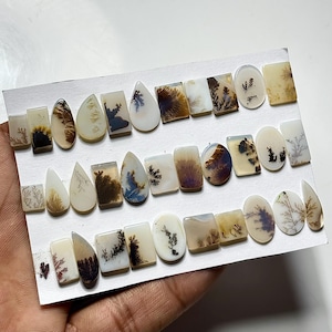 Puede incluir: Una colecci&oacute;n de piedras preciosas de &aacute;gata dendr&iacute;tica pulida en varias formas, incluyendo l&aacute;grimas, &oacute;valos y rect&aacute;ngulos. Las piedras presentan patrones naturales en tonos marr&oacute;n, negro y blanco, que se asemejan a paisajes en miniatura. Las piedras se muestran sobre una superficie blanca.