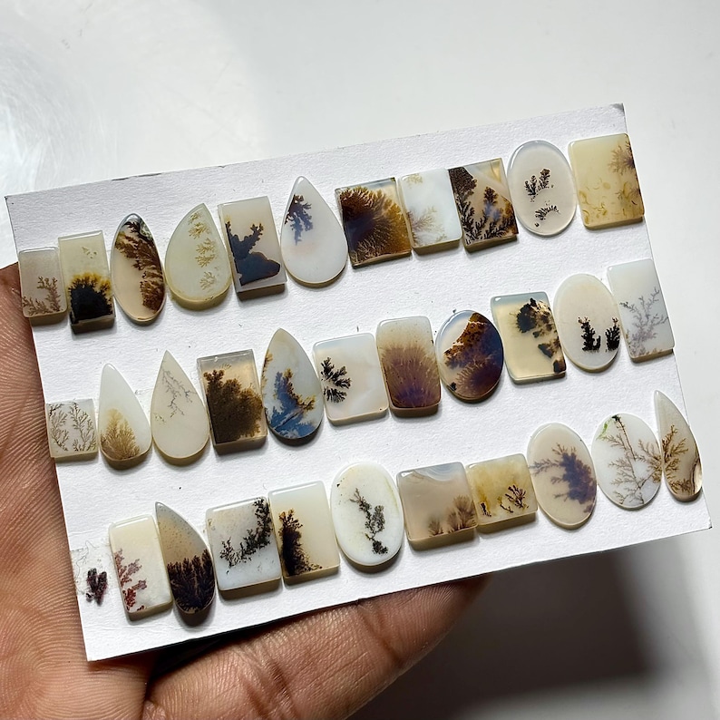 Puede incluir: Una colecci&oacute;n de piedras preciosas de &aacute;gata dendr&iacute;tica pulida en varias formas, incluyendo l&aacute;grimas, &oacute;valos y rect&aacute;ngulos. Las piedras presentan patrones naturales en tonos marr&oacute;n, negro y blanco, que se asemejan a paisajes en miniatura. Las piedras se muestran sobre una superficie blanca.