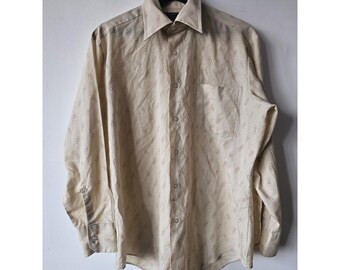 Vintage Sears Shirt Mens Large Beige Brown Geometric Pattern Button Up Korea 70s