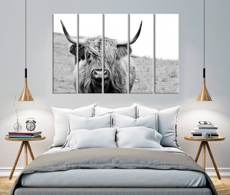 Highland Cow Black and White Canvas Wall Art Rustic Cabin Etsy
