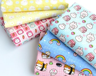 May include: A stack of six colorful cotton fabric squares with different patterns featuring cartoon bunnies, rainbows, hearts, strawberries, milk cartons, and sushi. The fabrics are perfect for quilting, crafting, and sewing projects.