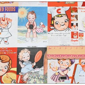 Pode incluir: Uma colagem vintage de ilustra&ccedil;&otilde;es coloridas com crian&ccedil;as a desfrutar da sopa Campbell's. As ilustra&ccedil;&otilde;es incluem uma crian&ccedil;a numa praia, uma crian&ccedil;a a cozinhar sopa e uma crian&ccedil;a a comer sopa. O texto nas imagens diz "Canned Foods", "Oh! Oh! Oh! Look at the new big O's in Campbell's Noodle O's Soups!" e "Delicious, hearty soup is an ideal luncheon!"