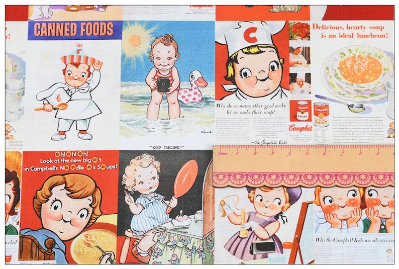 Pode incluir: Uma colagem vintage de ilustra&ccedil;&otilde;es coloridas com crian&ccedil;as a desfrutar da sopa Campbell's. As ilustra&ccedil;&otilde;es incluem uma crian&ccedil;a numa praia, uma crian&ccedil;a a cozinhar sopa e uma crian&ccedil;a a comer sopa. O texto nas imagens diz "Canned Foods", "Oh! Oh! Oh! Look at the new big O's in Campbell's Noodle O's Soups!" e "Delicious, hearty soup is an ideal luncheon!"