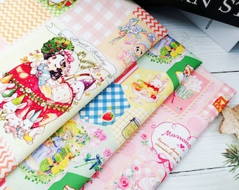 May include: Close-up of several fabric swatches with a patchwork design. The fabrics feature pastel colors and whimsical illustrations, including a girl, bunnies, and cupcakes. Some swatches have text that reads "Happy Birthday" and "Marroné".