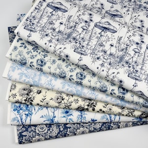 Toile de Jouy Seamless Pattern Vintage Floral Digital Paper Blue Floral tessuto di cotone, artigianato e abbigliamento, quilting Tessuto fatto a mano