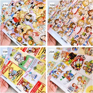 May include: Four fabric swatches with different patterns featuring children. The first swatch has a pink background with a repeating pattern of children in various poses. The second swatch has a pink background with a repeating pattern of children in dresses. The third swatch has a yellow background with a repeating pattern of children and illustrations of books. The fourth swatch has a pink background with a repeating pattern of children in various poses.