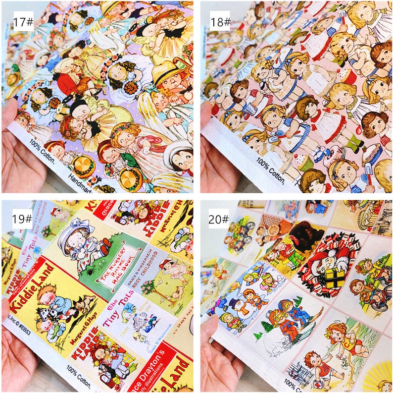 May include: Four fabric swatches with different patterns featuring children. The first swatch has a pink background with a repeating pattern of children in various poses. The second swatch has a pink background with a repeating pattern of children in dresses. The third swatch has a yellow background with a repeating pattern of children and illustrations of books. The fourth swatch has a pink background with a repeating pattern of children in various poses.