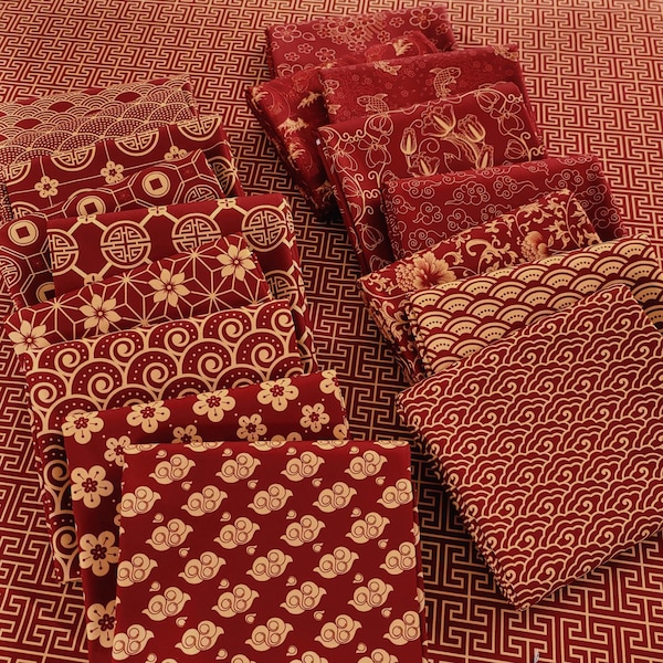 Rött bomullstyg i vintagestil – blommigt vågmönster, asiatisk geometrisk, moderna cheongsams i kinesisk stil för Hanfu Tang-kostymer