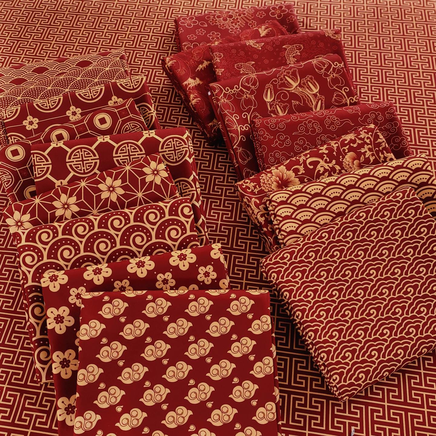 Vintage Style Red Cotton Fabric – Floral Wave Print, Asian Geometric ...
