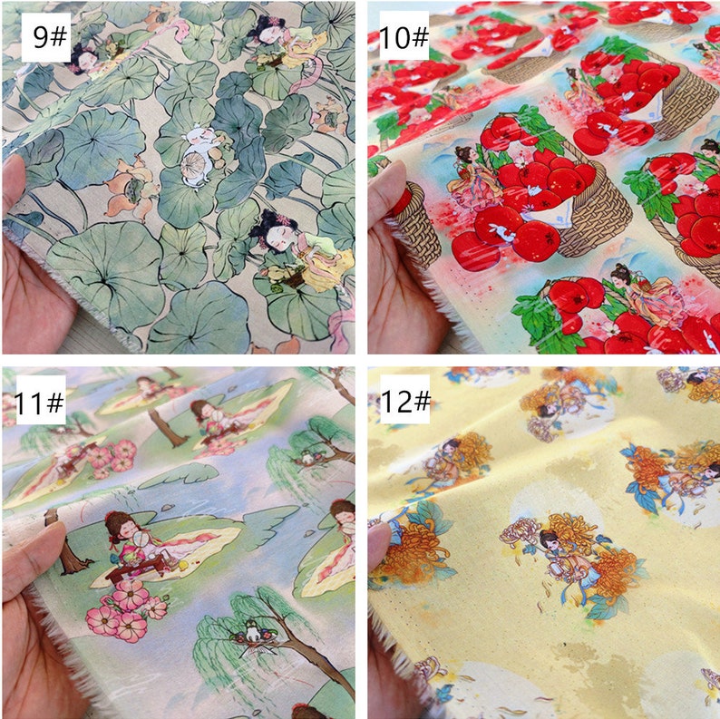 Puede incluir: Cuatro muestras de tela con diferentes patrones que presentan ilustraciones de personas y naturaleza. Las muestras est&aacute;n etiquetadas con 9#, 10#, 11# y 12#.