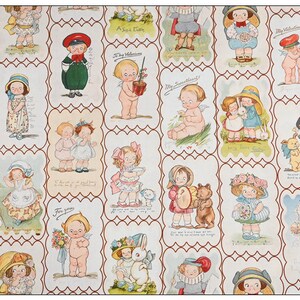 Pode incluir: Um design de papel de embrulho vintage com um padr&atilde;o repetitivo de crian&ccedil;as ilustradas em v&aacute;rias poses e cen&aacute;rios. O papel &eacute; branco com um fundo marrom e bordas vermelhas ao redor de cada imagem. As crian&ccedil;as est&atilde;o vestidas com diferentes roupas e segurando objetos como flores, animais e brinquedos. O papel inclui o texto "My Valentine Wish" e "A Sweetheart".