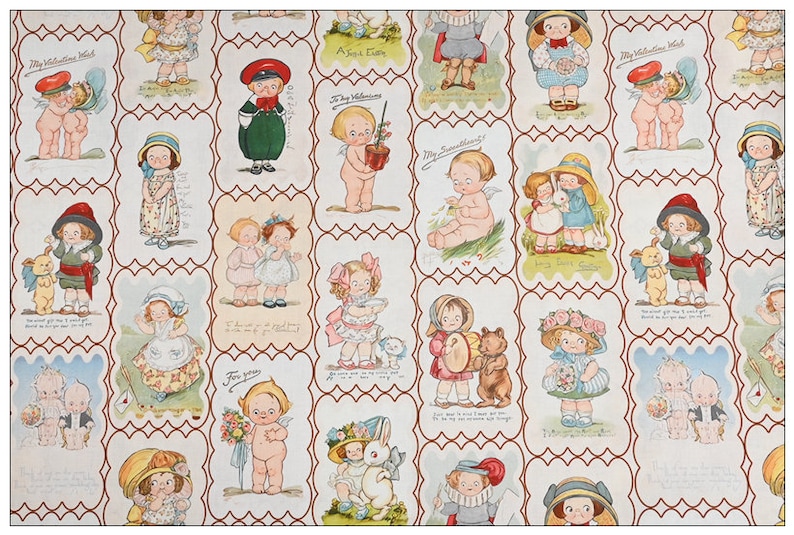 Pode incluir: Um design de papel de embrulho vintage com um padr&atilde;o repetitivo de crian&ccedil;as ilustradas em v&aacute;rias poses e cen&aacute;rios. O papel &eacute; branco com um fundo marrom e bordas vermelhas ao redor de cada imagem. As crian&ccedil;as est&atilde;o vestidas com diferentes roupas e segurando objetos como flores, animais e brinquedos. O papel inclui o texto "My Valentine Wish" e "A Sweetheart".