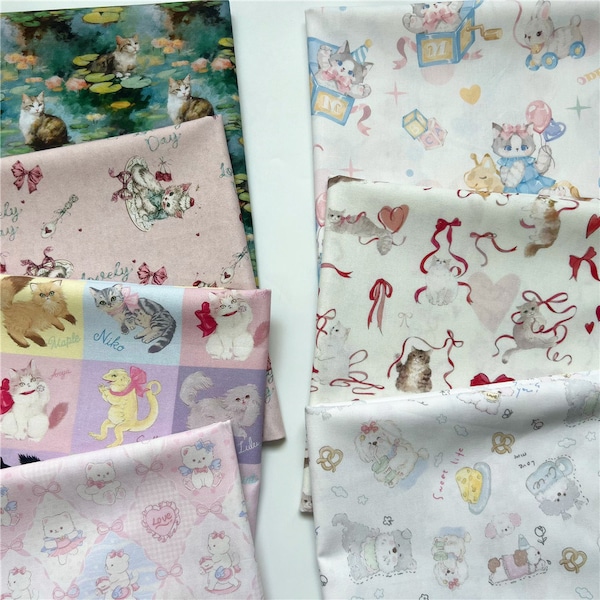 bow Cat fabric by half yard, kitten fabric, printed quilting cotton, cat sewing fabric, cartoon cats fabric, Retro cat quilting fabric