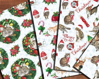 Tela con gatitos navideños, tela navideña con gatos, tela de algodón para patchwork, tela de algodón para manualidades, tela de algodón para niños con dibujos animados (medio metro)