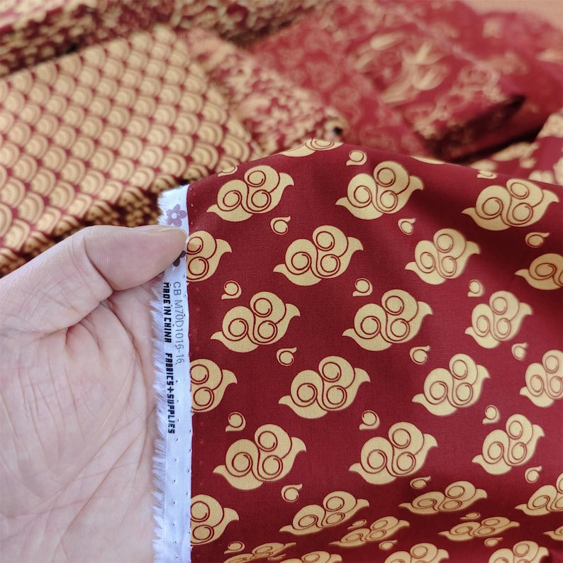 Vintage Style Red Cotton Fabric – Floral Wave Print, Asian Geometric ...