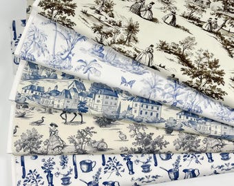 Tela francesa de toile azul con estampado de jardín campestre en azul. Tela de algodón con estampado de bosque. Precio por medio metro / Para costura, acolchado y manualidades.