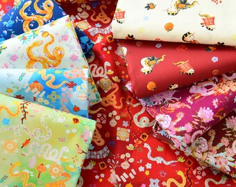 chinese new year snake fabrics Digital thin poplin Cotton Fabric - Cartoon Snake Fabric, Quilting Cotton Craft Fabric, Sewing