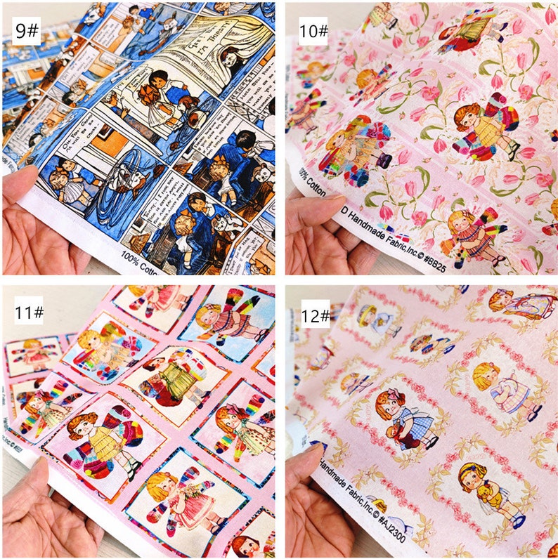 May include: Four fabric swatches with different patterns featuring dolls. The first swatch has a blue and white comic book pattern. The second swatch has a pink background with white tulips and dolls. The third swatch has a pink background with dolls in squares. The fourth swatch has a pink background with dolls in frames.