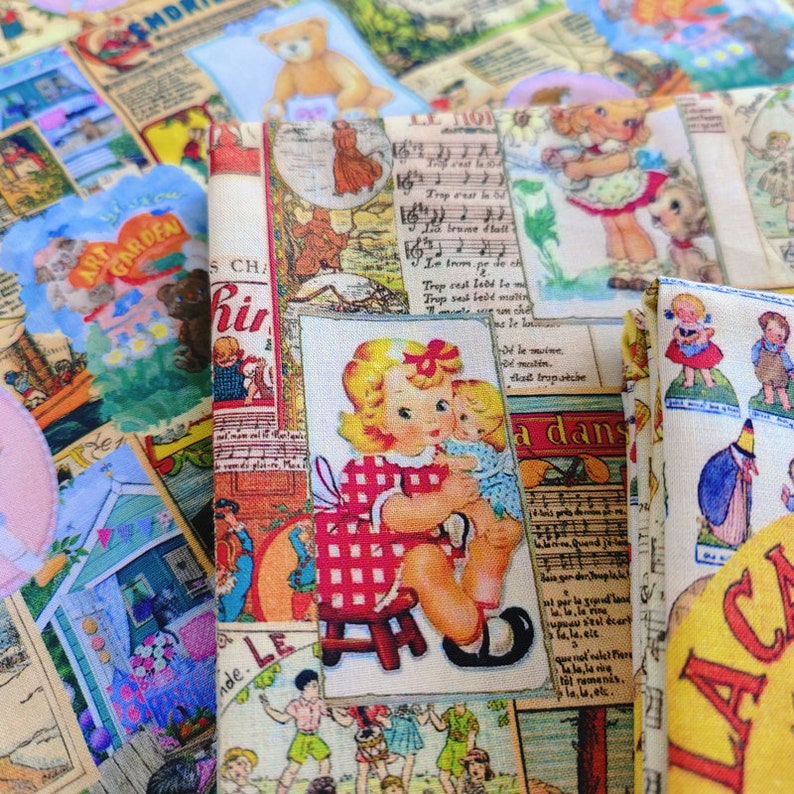 May include: A colorful fabric with a vintage design featuring a girl holding a doll, musical notes, and the text "La dans" in French. The fabric is perfect for crafting projects, quilting, or making unique accessories.