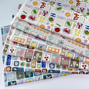Kustpatchworktyg - Kräftdjur Krämblå Röda Randiga Krabb-Hummertyg i metervara För Sömnad, Quilting och Hantverk