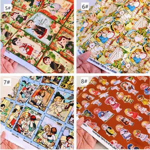 May include: Four different fabric swatches featuring a repeating pattern of children in various poses. The fabric swatches are labelled with numbers 5, 6, 7, and 8. The fabric swatches are all 100% cotton and are handmade.