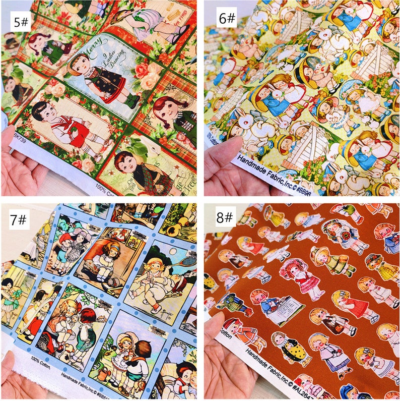 May include: Four different fabric swatches featuring a repeating pattern of children in various poses. The fabric swatches are labelled with numbers 5, 6, 7, and 8. The fabric swatches are all 100% cotton and are handmade.